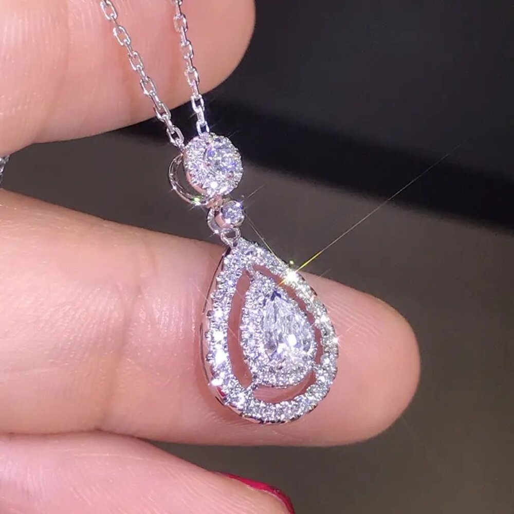 New Womens Diamond CZ Pear Cut Necklace 925 Silver